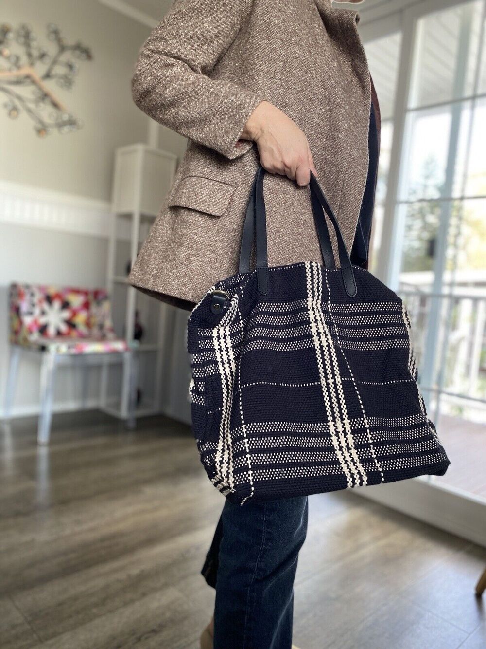 Banana Republic Woven Cotton Tote Shoulder Bag Leather Trim Black & Ivory Plaid